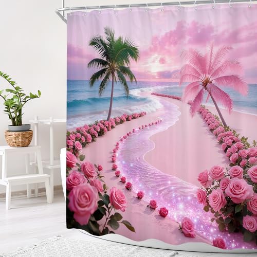 Cinbloo Tropical Beach Shower Curtain Set, Hot Pink Sunset, 60"W x 72"H