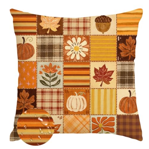 Fall Outdoor Pillow Cover 18x18, Waterproof Pumpkin Plaid Decor