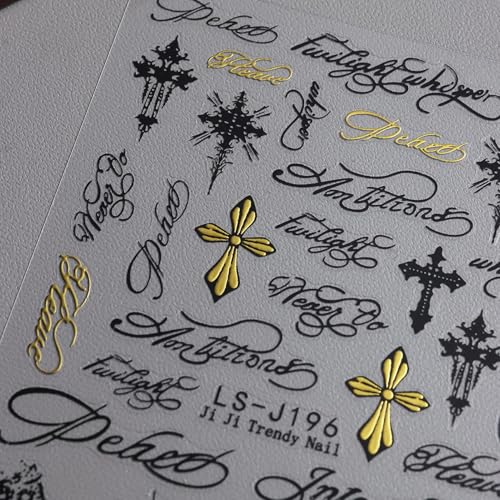 Gothic Cross Nail Stickers Black and Gold Self-Adhesive Decals 4 Sheets