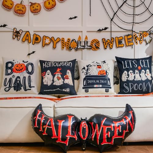 Black Halloween Ghost Throw Pillow Covers Set of 4 18x18” - Spooky Gothic Linen Decor