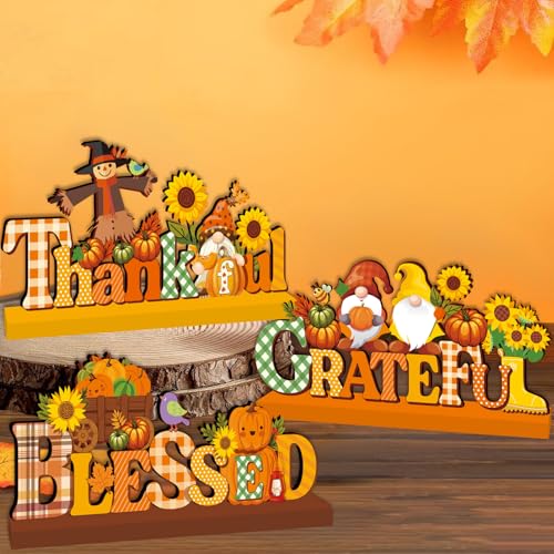 Fall Pumpkin Wooden Centerpieces Set for Thanksgiving Home Decor 3pcs