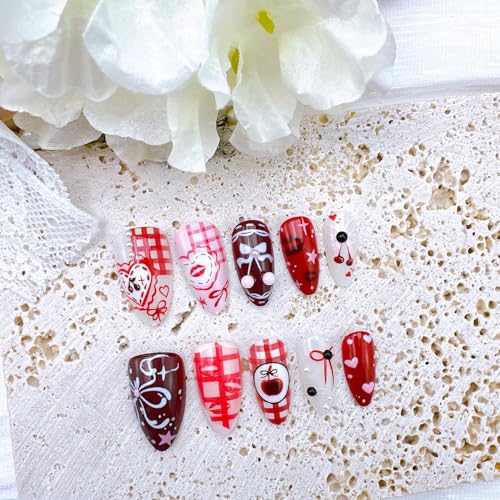 Valentine Press On Nails Medium Almond Fake Nails with Bow and Rhinestones