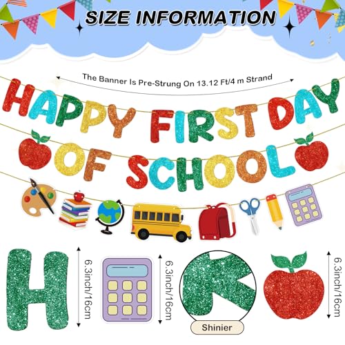 Fulmoon Happy First Day of School Banner Glitter Back to School Decor - Pre-Strung & Durable