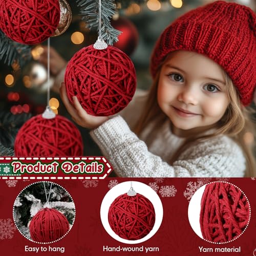 15 Pcs Burgundy Red Yarn Christmas Ornaments Balls Bulk Rustic Farmhouse Holiday Decorations