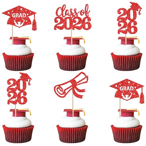 2026 Graduation Cap Cupcake Toppers - 24 PCS Glitter Decorations