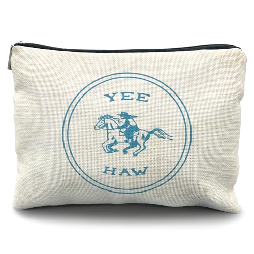 Yee Haw Cowgirl Makeup Bag - Western Linen Cosmetic Pouch for Women