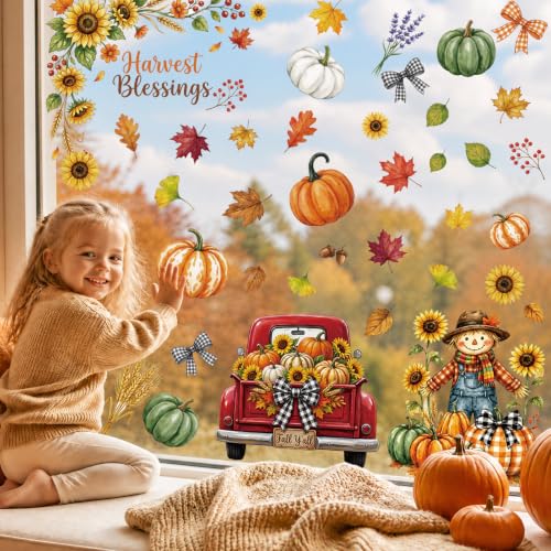 Autumn Window Clings Decor - 9 Sheets Pumpkin & Leaf Stickers