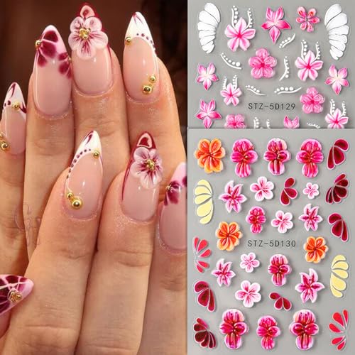 5D Embossed Floral Nail Art Stickers Self-Adhesive Flower Decals