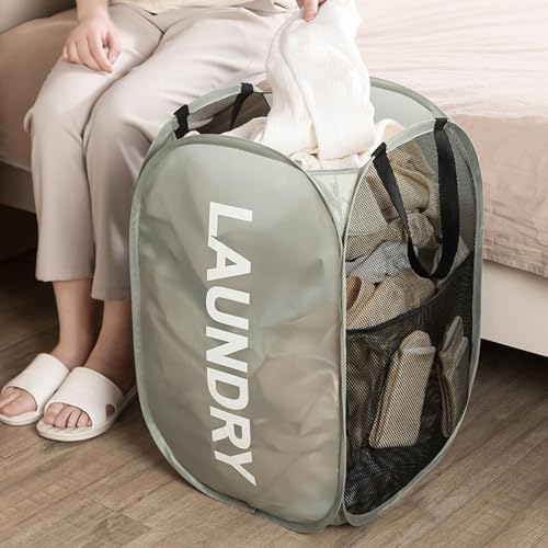 Larpur 2-Pack Pop-Up Mesh Laundry Hampers, Collapsible Gray & Pink Baskets