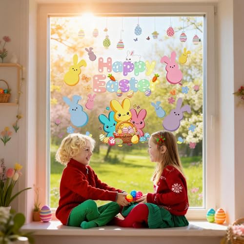 Easter Window Clings - 9 Sheets Bunny & Egg Decals for Spring Decor