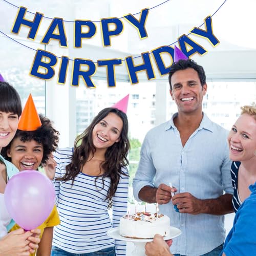Navy Blue Happy Birthday Banner with Golden Border - 13 Flags