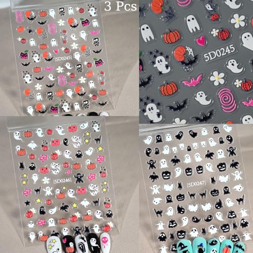 OSTTMA 3 Sheets 5D Embossed Halloween Nail Art Stickers - Horror Ghost, Pumpkin, Bat & Skull Self-Adhesive Decals for Manicure