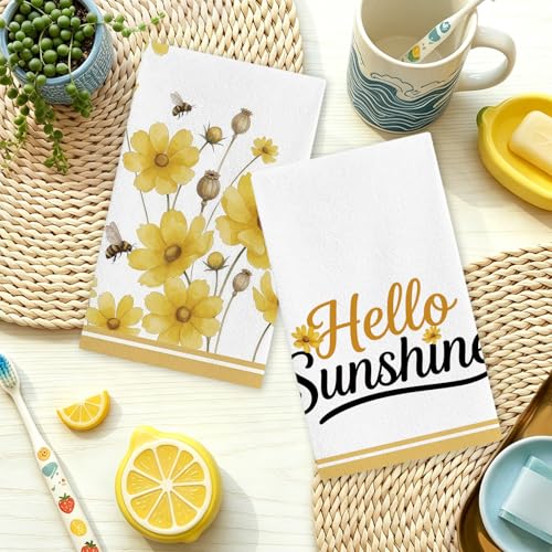 Premium Spring Summer Kitchen Towels Set of 2 - 18x26 Inch, Absorbent & Fade-Resistant, Hello Sunshine Design