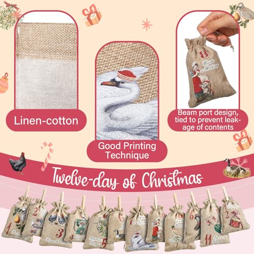 12Pcs 12 Days Christmas Countdown Advent Calendar Bags Classic - Reusable Burlap Holiday Decor