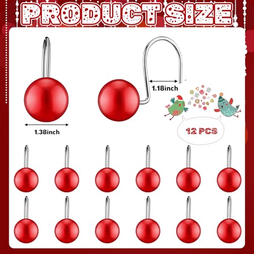Otoolling 12-Piece Christmas Ball Shower Curtain Hooks - Red Holiday Decor
