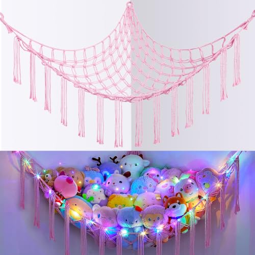 Basumee Pink Stuffed Animals Hammock with LED Light - Large (39" x 39" x 59")