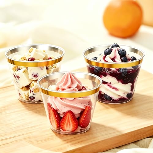 Gold Rimmed 9oz Plastic Cups - 20 Disposable Stemless Wine Glasses