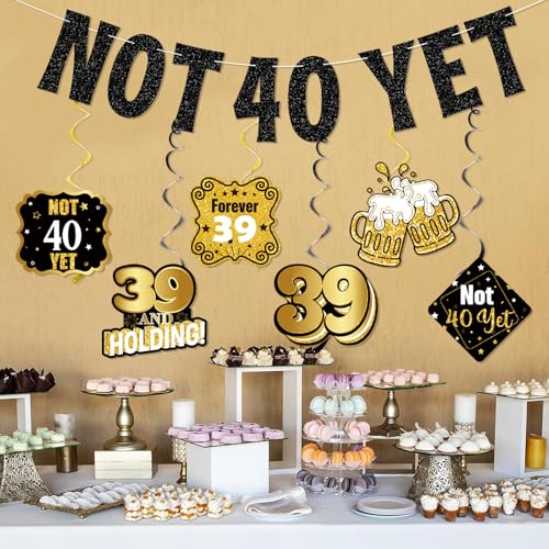 39th Birthday Decorations Set - Not 40 Yet Banner & Swirls