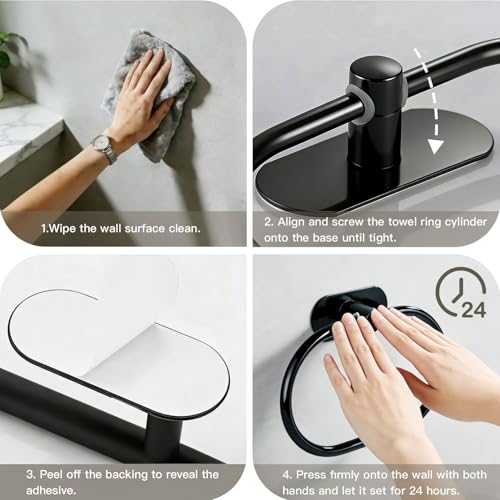 Matte Black Self-Adhesive Towel Ring - Stainless Steel Bathroom Holder