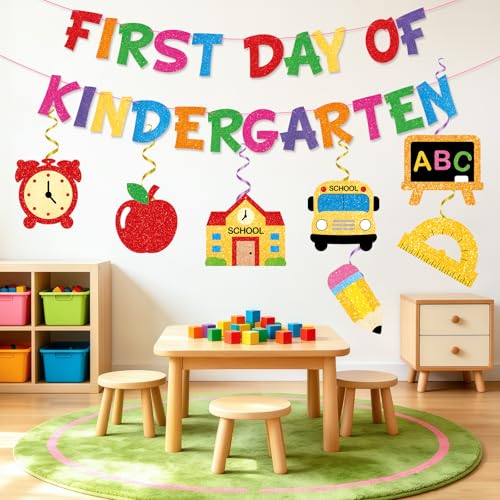 Sereliy Kindergarten First Day Decorations Kit - Colorful Banner & Hanging Swirls