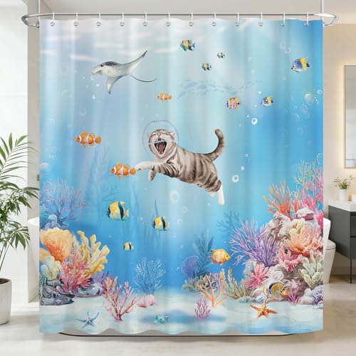 Dazzlewall Funny Ocean Cat Shower Curtain, 72x72 Inch Waterproof Polyester