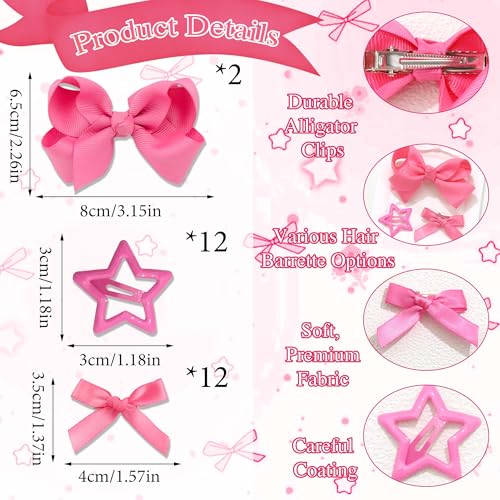 STGDAK 26-Piece Coquette Hair Bow and Star Clip Set, Pink Grosgrain