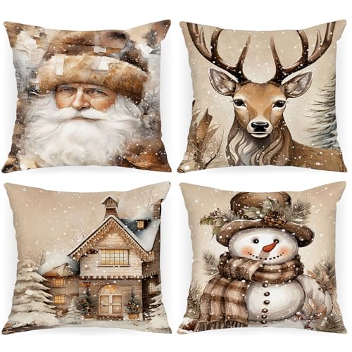 Lanpn 18x18 Christmas Throw Pillow Covers, Set of 4 Festive Cushion Cases