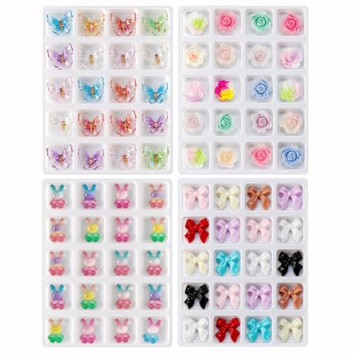 80Pcs 3D Resin Nail Charms Camellia Flowers Bows Rabbits & Butterflies