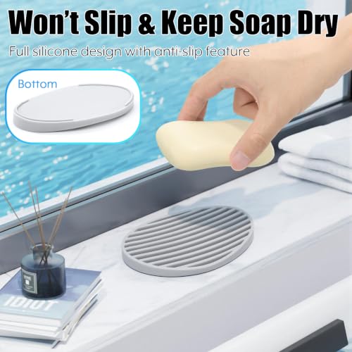 Cosmos Silicone Soap Dish Holder - Non-Slip Oval Soap Tray, 3 Pack Gray
