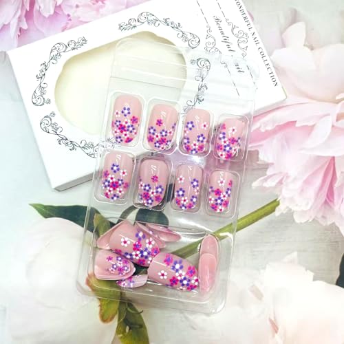 Short Almond French Tip Press on Nails with Floral Design, 24Pcs Reusable Acrylic False Nails