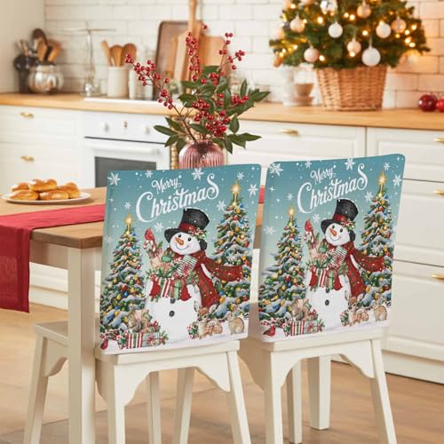 4 Pcs Teal Christmas Snowman Chair Back Covers - Winter Dining Decor