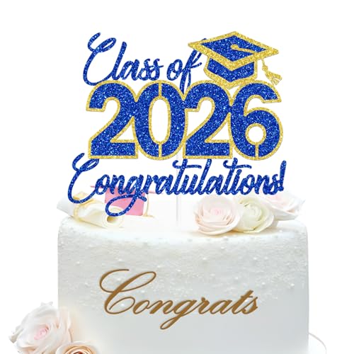 Class of 2026 Graduation Cake Topper - Blue & Gold Glitter Decor