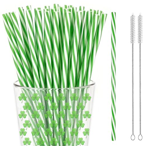 Reusable Green and White Striped Christmas & Holiday Party Drinking Straws Set - 50 Pieces