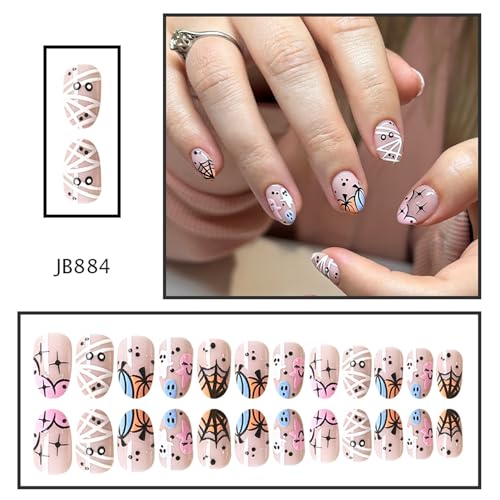 Onsdag Short Oval Halloween Press on Nails - Day of the Dead Acrylic False Nails