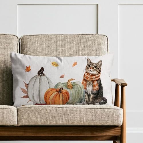 Fall Lumbar Pillow Cover 12x20 Cat and Pumpkin Autumn Farmhouse Decor