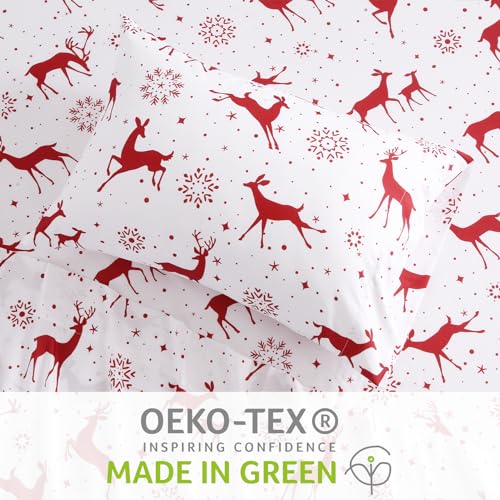 Christmas Queen Bed Sheet Set with Reindeer Pattern - Microfiber, Soft & Breathable, Deep Pockets, Red, 4-Piece