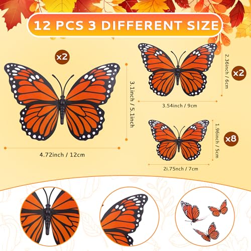 Nelisylux Orange Monarch Butterfly Decorations 12 Pack - Day of the Dead & Halloween Wall Decor, 3 Sizes