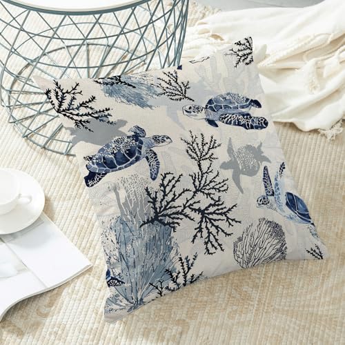 Navy Blue Coastal Pillow Covers 18x18 Inch Set of 2 with Sea Turtle Design