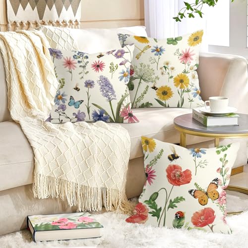 Joymaison Flower-03 Red Floral Butterfly Throw Pillow Covers Set of 4 18x18