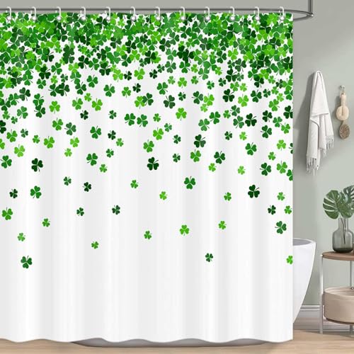 St. Patrick's Day Shower Curtain, Green Shamrock Fabric 72x72 Inch Set