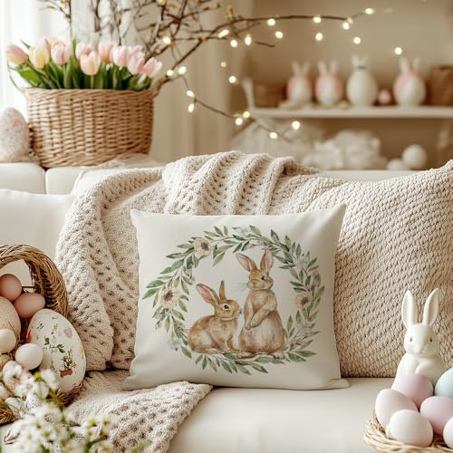 Easter Pillow Cover 18x18 Inch Bunny Garland Decorative Cushion Case