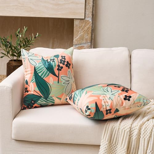 Tyrot Boho Floral Velvet Throw Pillow Covers, 18x18 Coral (Set of 2)