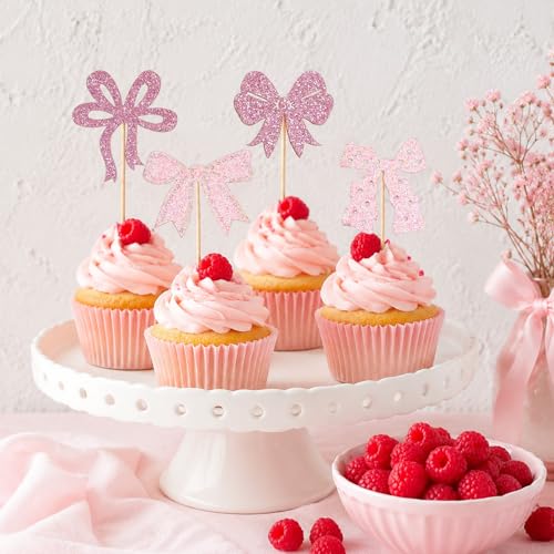 24 Pink Bow Cupcake Toppers - Pre-Assembled Party Decorations
