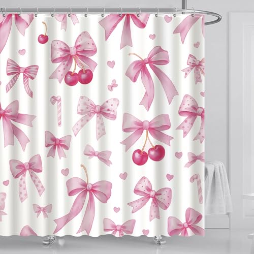 Pink Bow Shower Curtain 72x72 Inch with Cherry Design & Hooks
