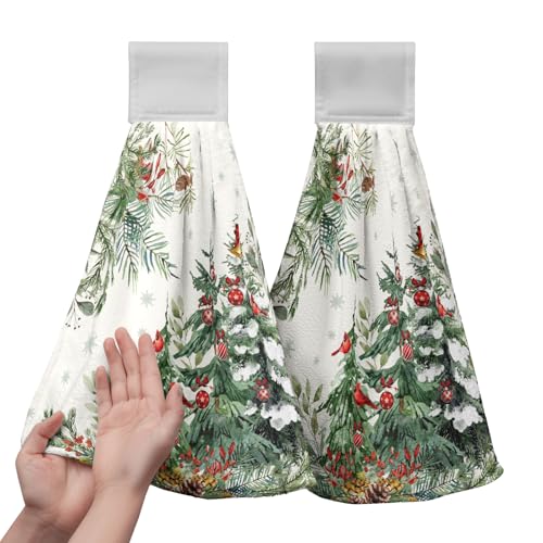 Christmas Tree Hanging Hand Towels Set of 2 - Winter Cardinal Snow Xmas Pine Kitchen Decor - Kwlegh Christmas Tree-b