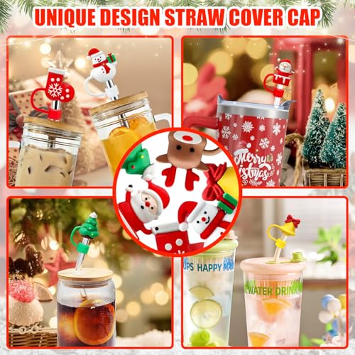 Christmas Reusable Straw Cover Caps for 30oz & 40oz Tumblers - Santa, Elk & Jingle Bell Designs - Pack of 6
