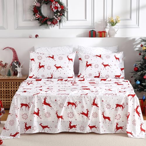 Christmas Queen Bed Sheet Set with Reindeer Pattern - Microfiber, Soft & Breathable, Deep Pockets, Red, 4-Piece