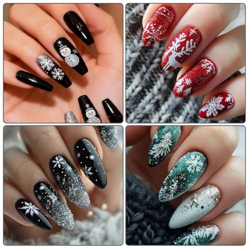 Glitter Christmas Nail Stickers Winter Silver Snowflake Elk Decals 5 Sheets