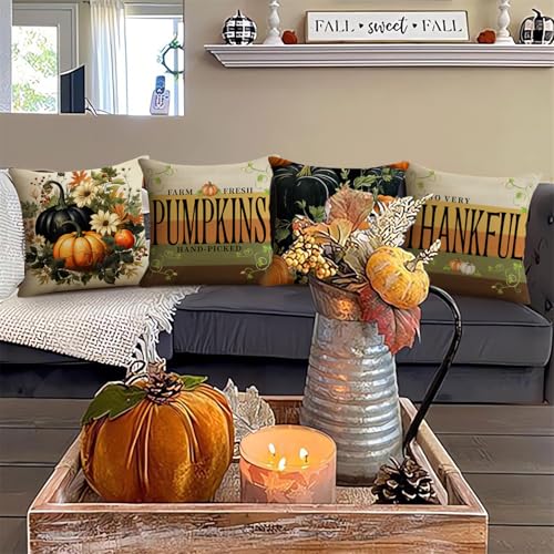 NIGHTWISH Fall Pillow Covers Set of 4 - Pumpkin Vines Floral Decor