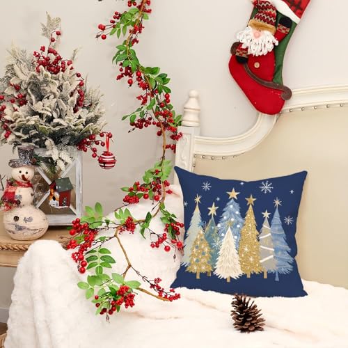 Christmas Watercolor Tree Pillow Cover 20x20 Inch Holiday Sofa Decor Blue